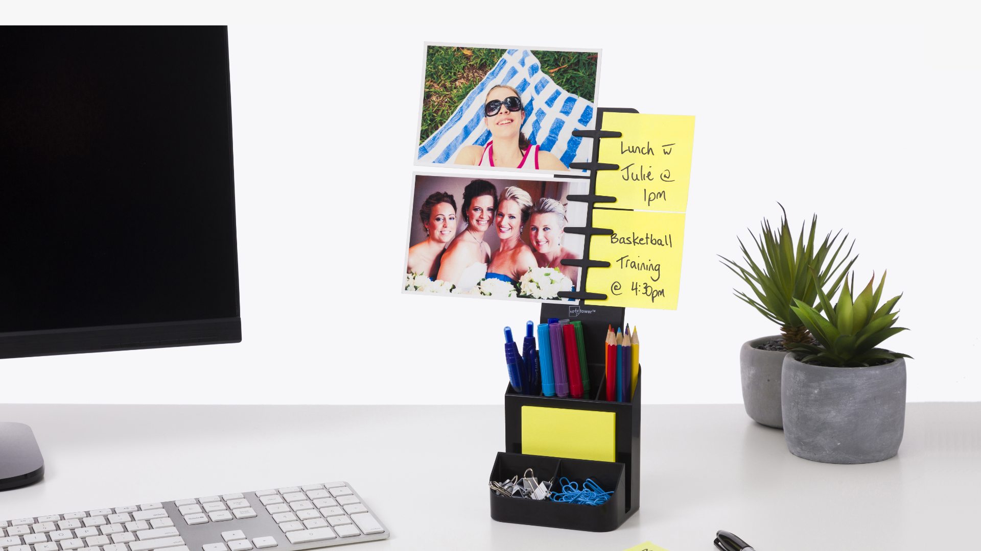Load video: NoteTower Desktop Organizer - Displays sticky notes and photos. Holds office accessories. Includes 50 sheets of sticky notes