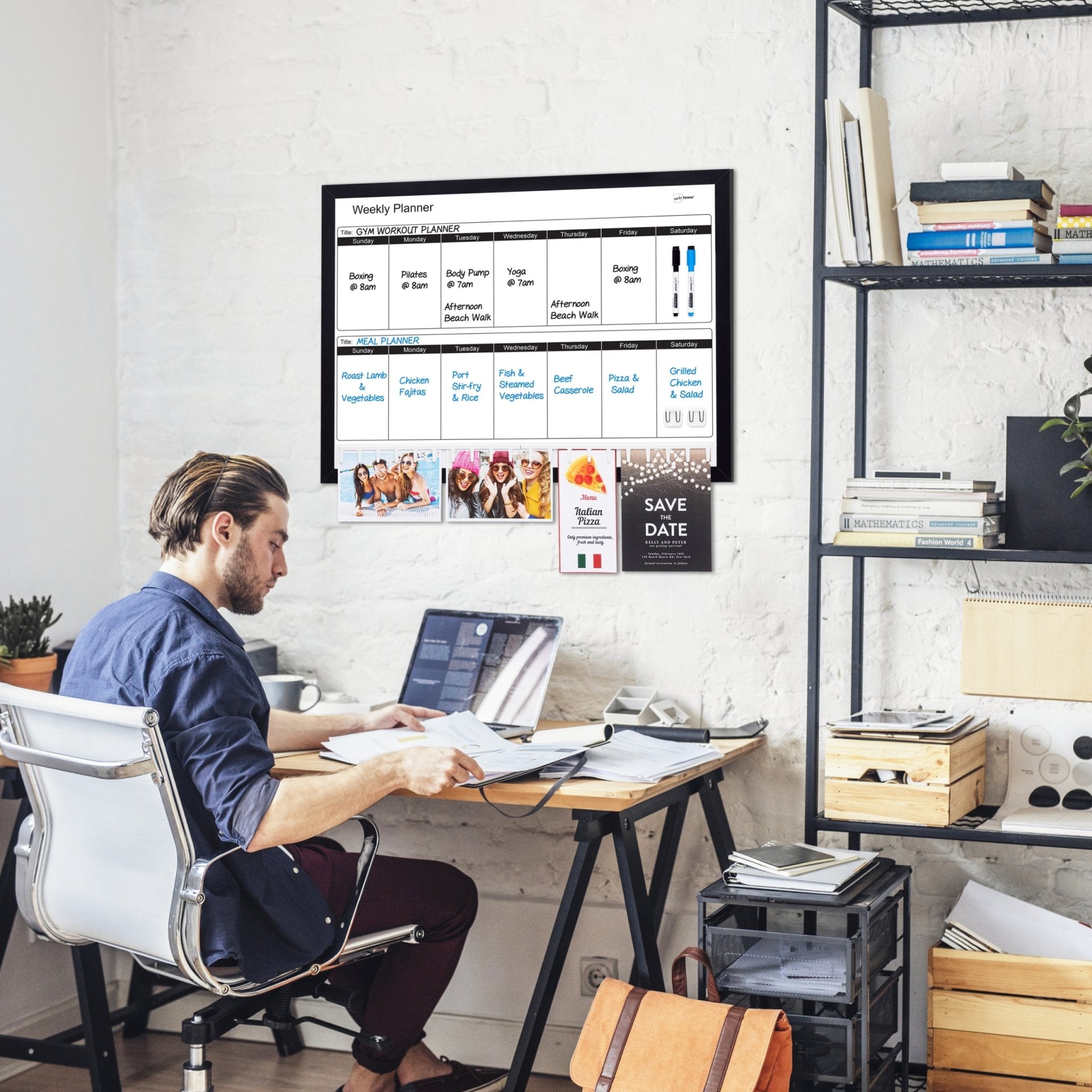 Note Tower 17" x 23" Black Wood Framed Weekly Planner Combo Board - NOTETOWER LLC.